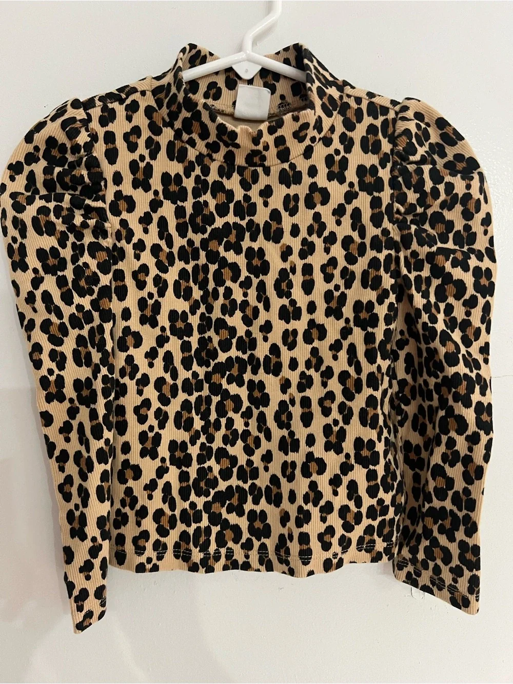 GAP Beige and Black Leopard Print Long Sleeve Top with Puff Shoulders